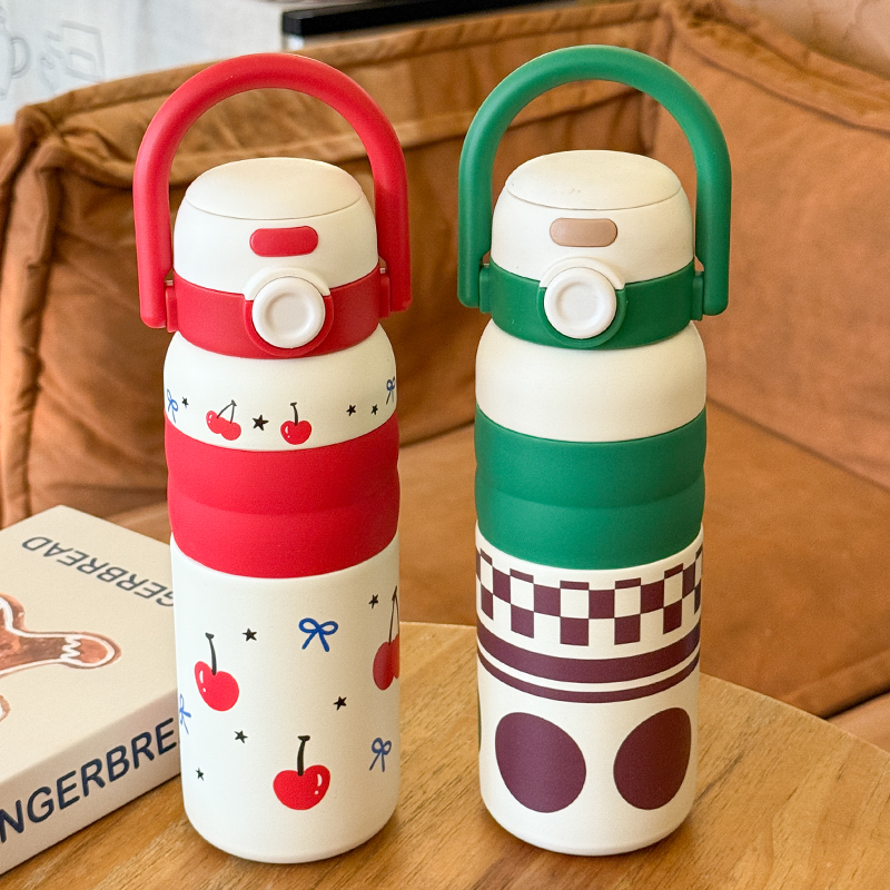 高颜值保温杯2025新款女生大容量便携吸管杯多巴胺可爱儿童双饮杯