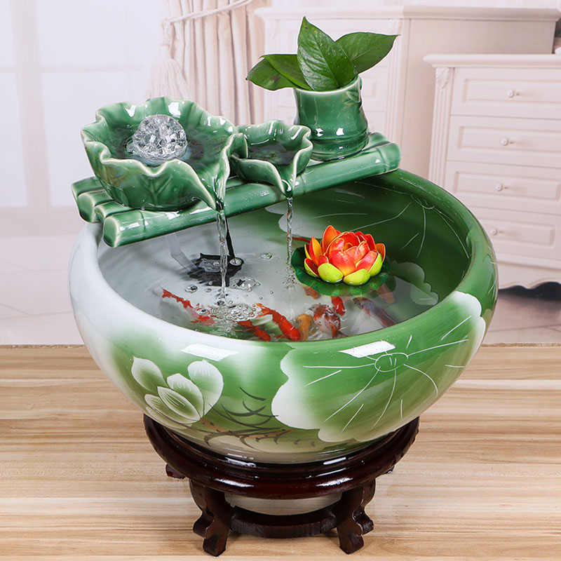 景德镇陶瓷鱼缸客厅喷泉桌面流水摆件鱼缸家用循环招财鱼缸养鱼盆