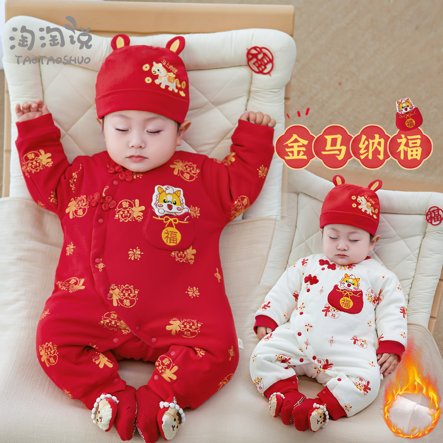 马年满月宝宝新年衣服婴儿夹棉连体衣红色喜庆新生儿拜年棉服冬季
