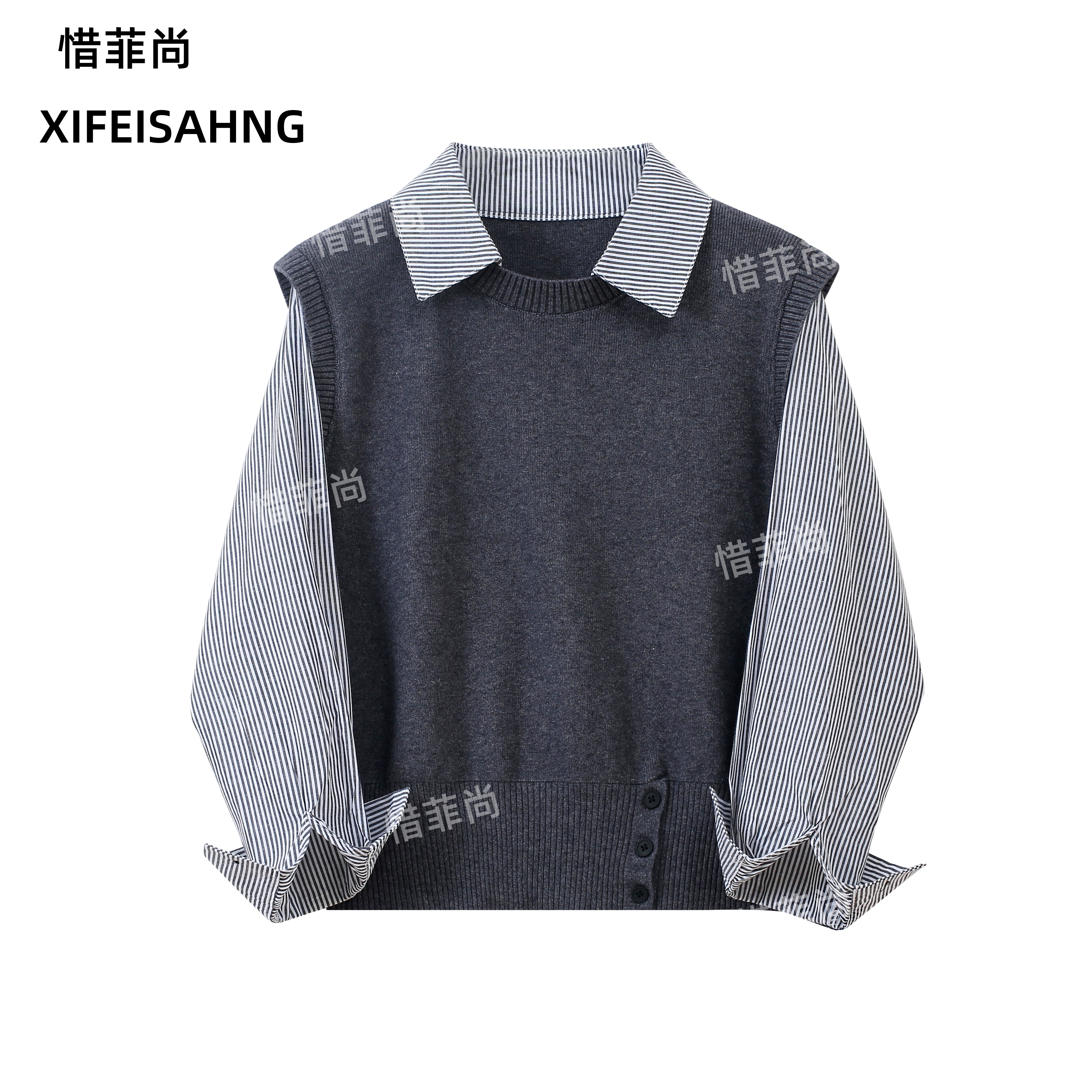 高级感气质慵懒洋气拼接衬衫假两件韩版复古休闲显瘦秋