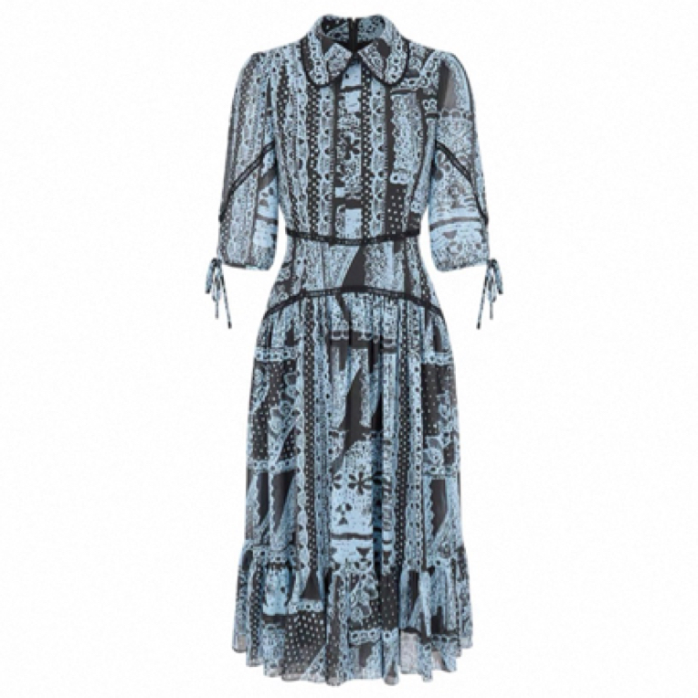 【多多】伦敦时装周 宝家新品蓝黑配色泡泡袖蕾丝印花连衣裙B2654