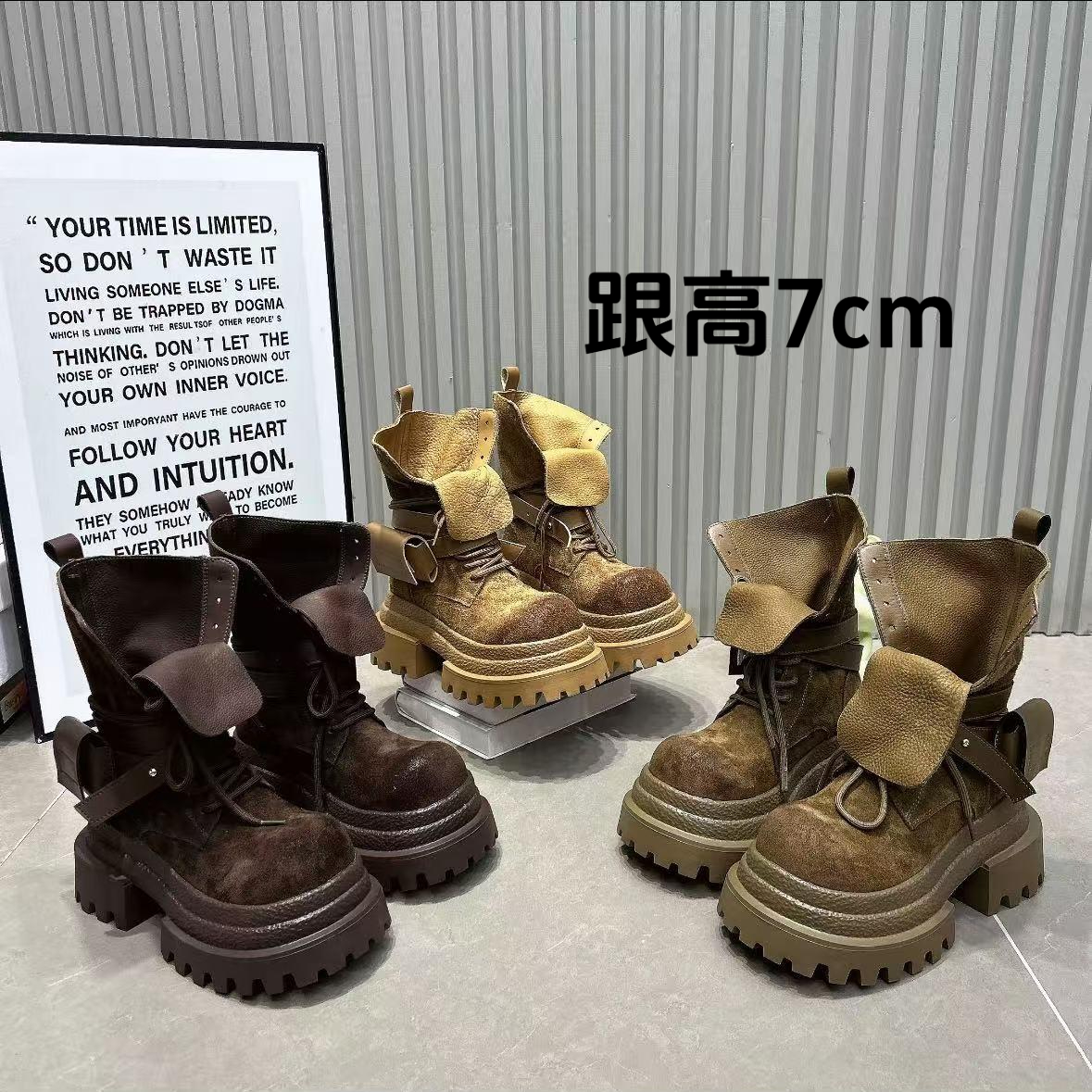 马丁靴女磨砂皮厚底中筒靴2025秋季新款圆头系带小个子增高机车靴
