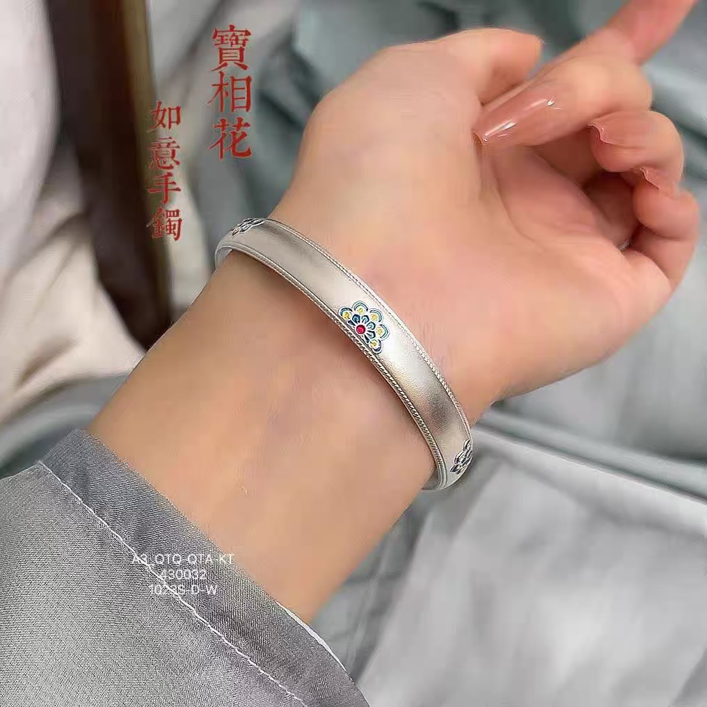 足银手镯 足银999.9手镯宝相花如意珐琅彩实心开口手镯