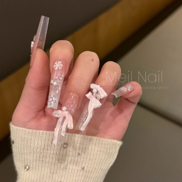 Meil Nail 甜心派对 甜美温柔超嗲裸色系圣诞款蝴蝶结手工穿戴甲
