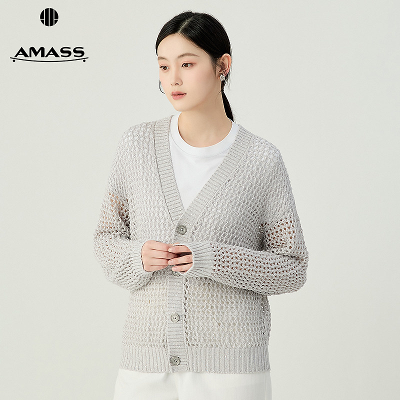 阿玛施AMASS 经典百搭慵懒夏日亚麻深V领网格长袖针织开衫548008