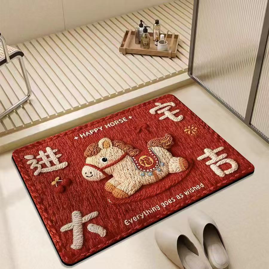 可爱卡通马年新年门垫亚麻编织浴室地垫卫生间门吸水垫进户门地垫