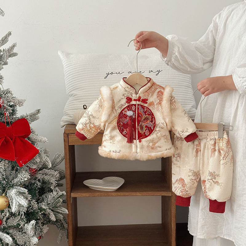 ZY婴儿冬装套装儿童两件套加绒加厚福利园山水画宝宝唐装ZTD5423