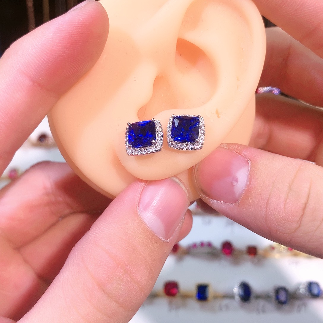 蓝宝石耳饰银S925镶嵌