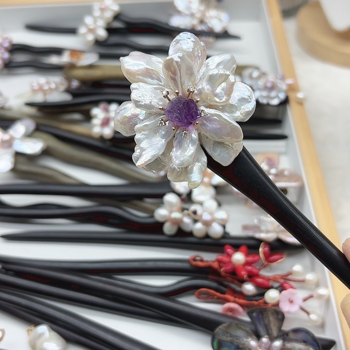 淡水珍珠发饰银S925镶嵌七*