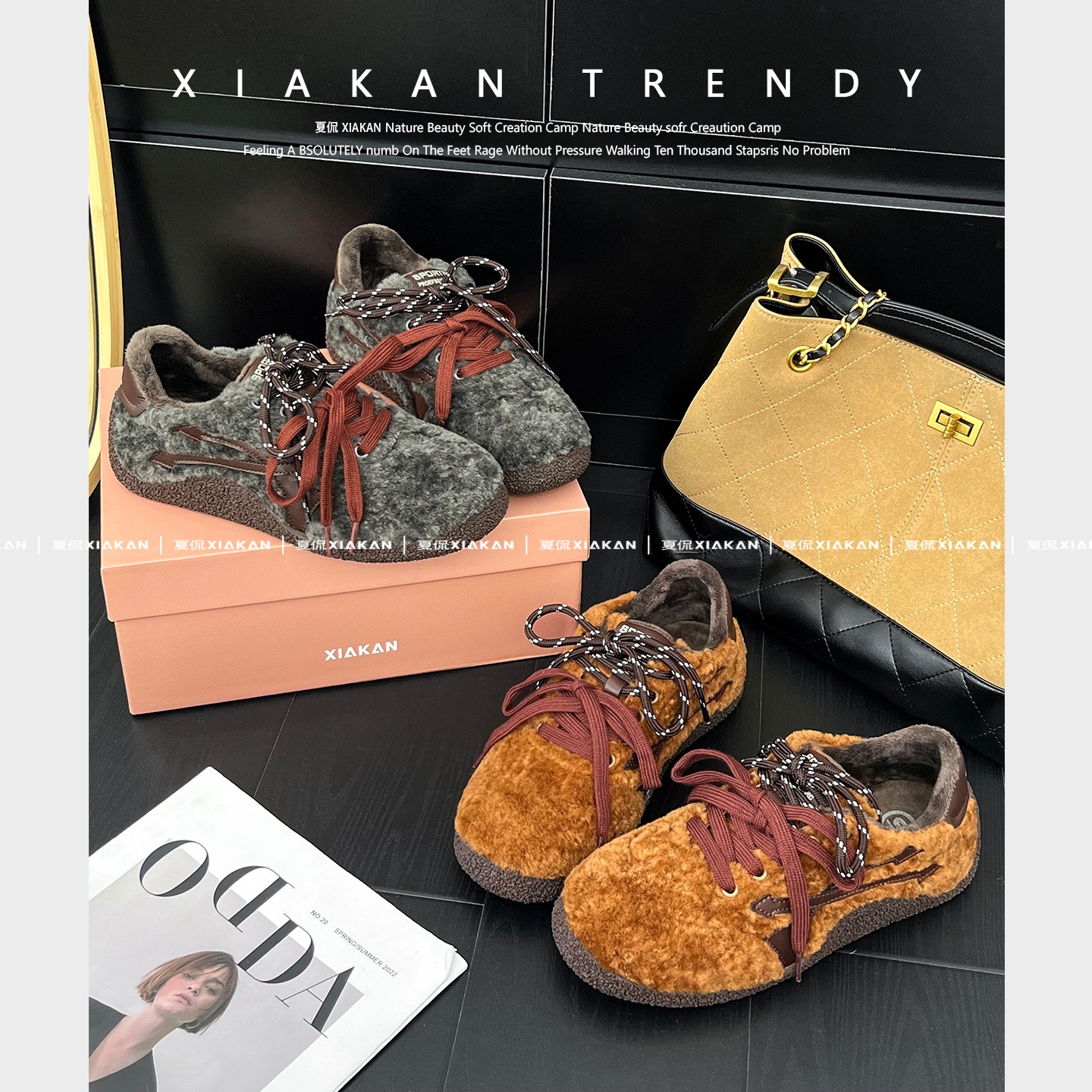 夏侃XIAKAN 增高3cm加绒德训鞋女冬季新爆款毛毛系带保暖德训鞋