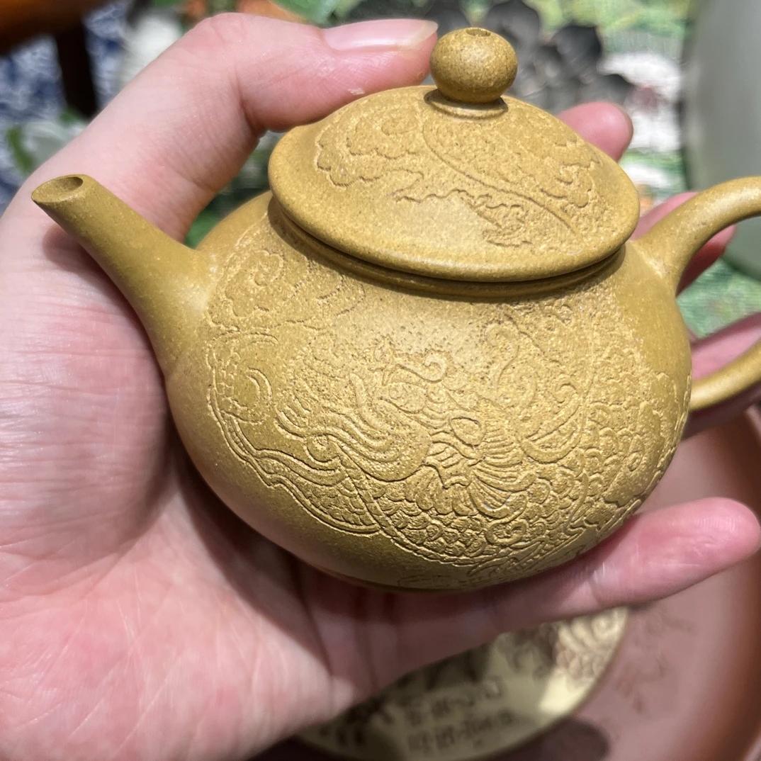 宜兴紫砂壶黄金段水平壶150cc半手工石古堂刻绘画说苍龙