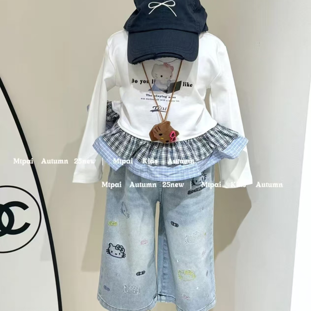 韩系女童25秋季新款小清新KT猫格子拼接长袖t配直筒软牛仔裤套装