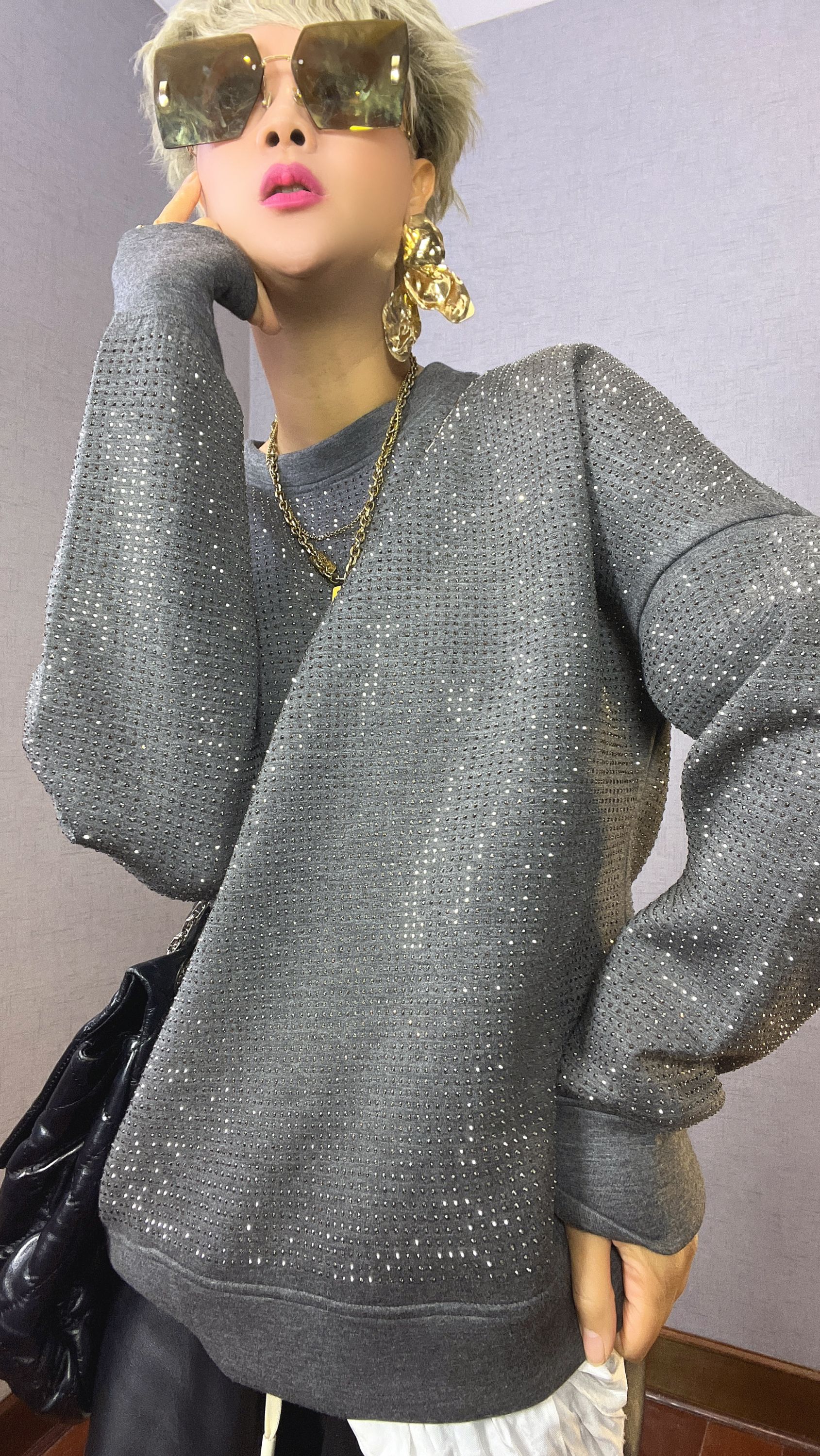 【CoutuieButton】欧美风设计师潮款太空棉烫钻卫衣上衣打底休闲