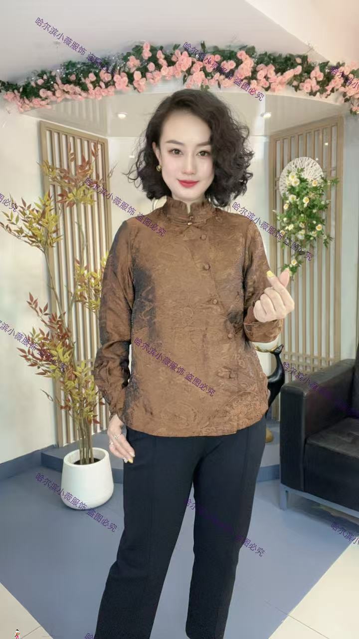 【流光锦】新中式国风复古提花盘扣褶皱木耳边立领长袖衬衫Y9090