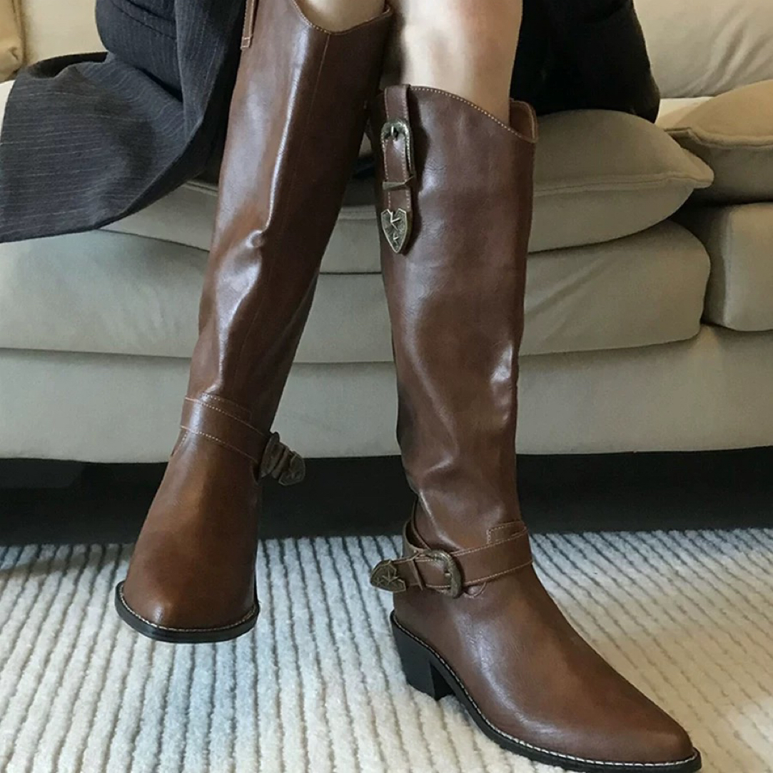 复古中筒女靴加绒内增高瘦瘦靴骑士时装靴短靴牛仔时尚长筒粗跟