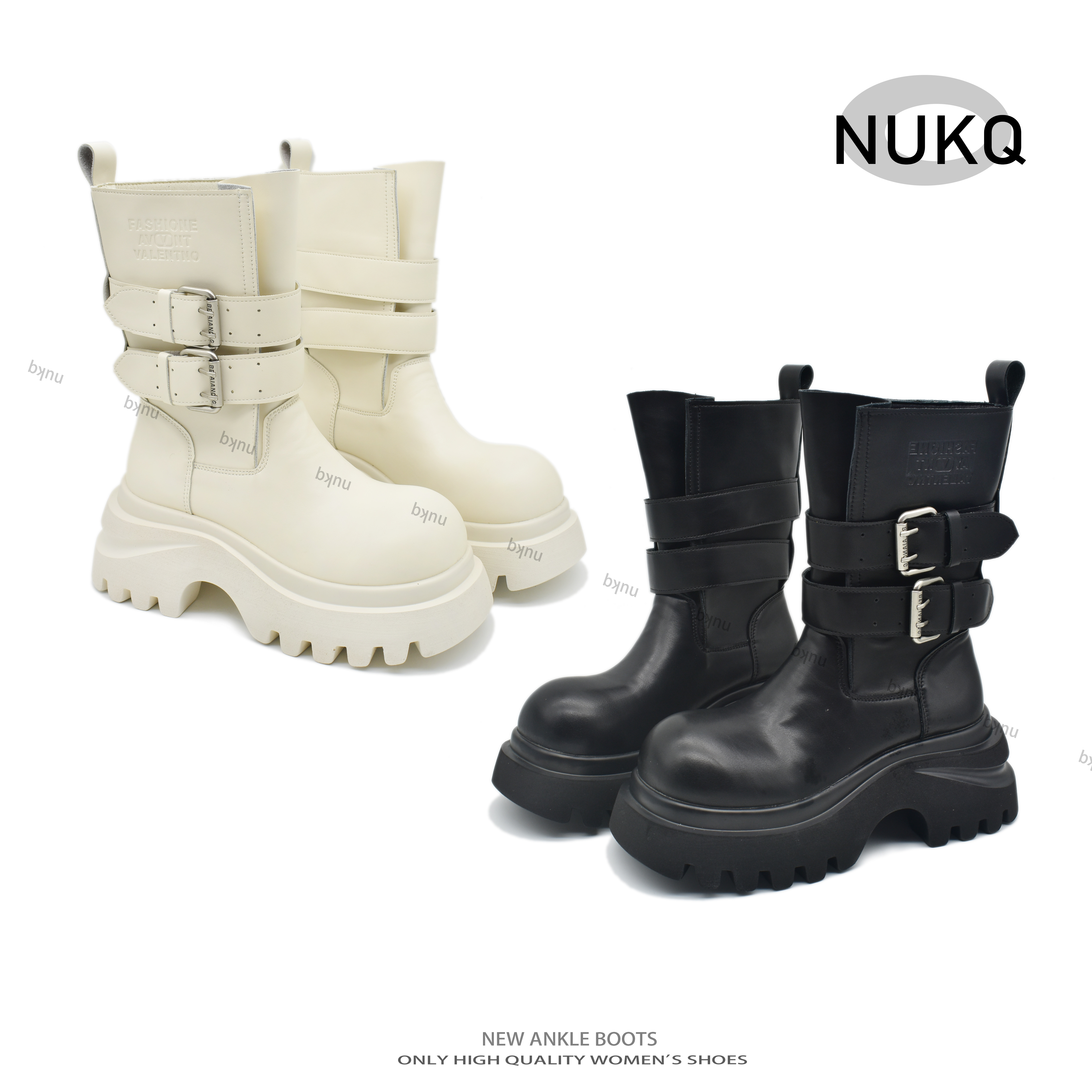 毒液【NUKQ】靴子高跟圆头烟筒靴四季通用短靴冬季少女风系带秋冬