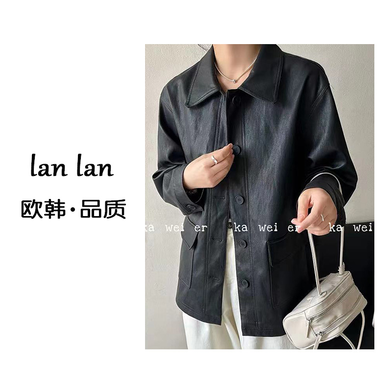 lanlan-春上新【翻领纯色皮外套】韩版小众设计款时尚皮衣外套百搭