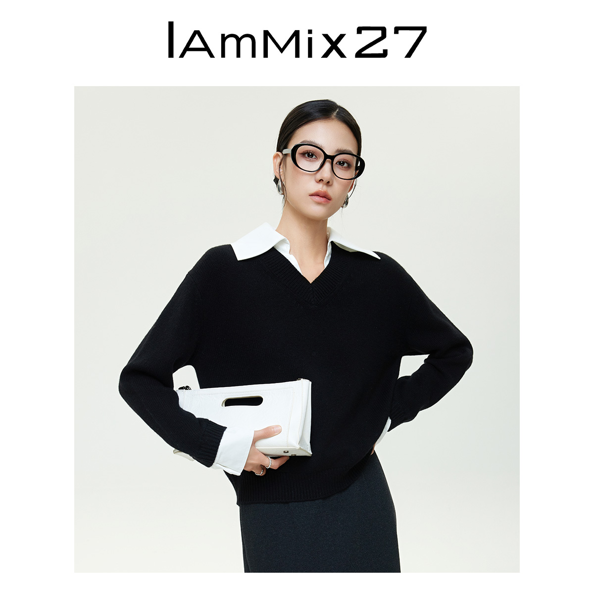 Iamx27秋冬V领套头绵羊毛假两件衬衫领针织衫女Z5C5024