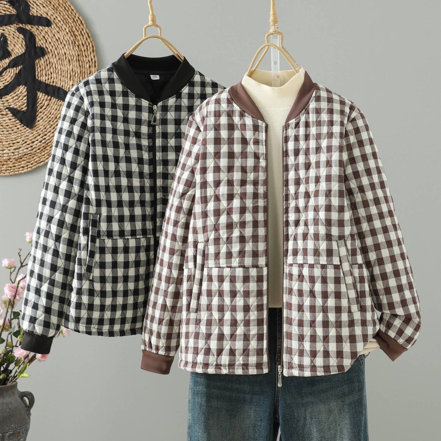 棉袄棉服夹棉外套百搭格子时尚中老年女装千鸟格宽松型大码休闲