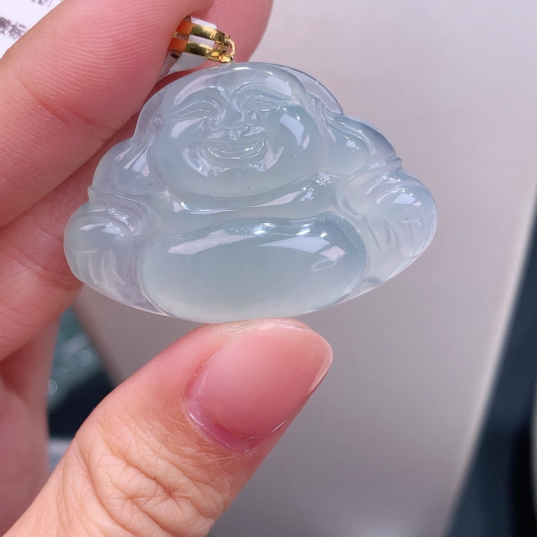 颈饰18K金镶嵌翡翠正冰天空蓝佛公