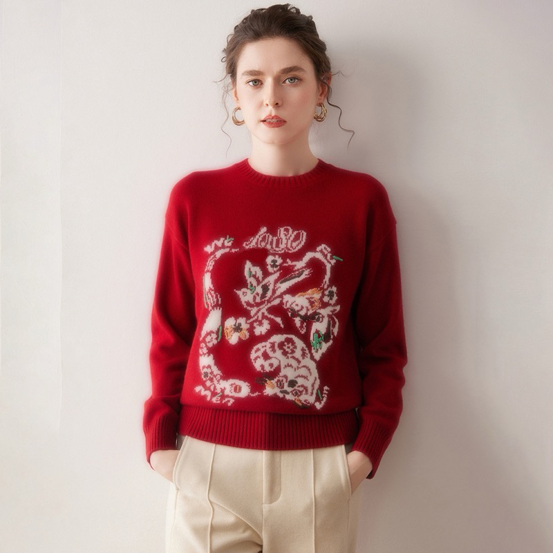 赵丽颖同款纯山羊绒五福提花圆领加厚针织打底衫女秋冬宽松保暖