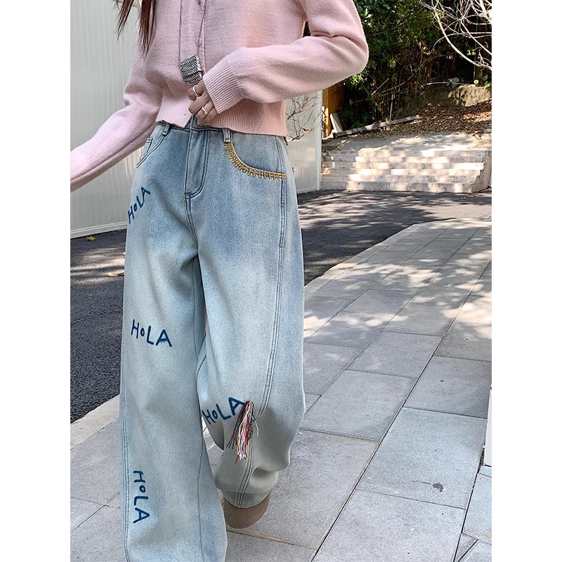 春秋新款大码刺绣牛仔裤女胖mm梨形身材宽松高腰显瘦直筒阔腿裤