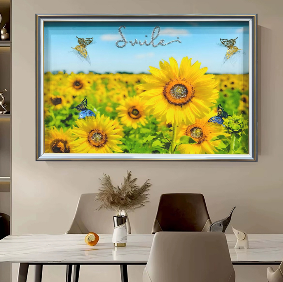 AX-019向日葵手工钢化玻璃装裱高端餐厅客厅玄关过道挂画捡漏