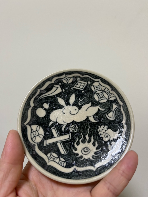 幽蓝溪堂元青花2号釉手绘玉兔杂宝盖陶瓷置杯垫花纹小盘