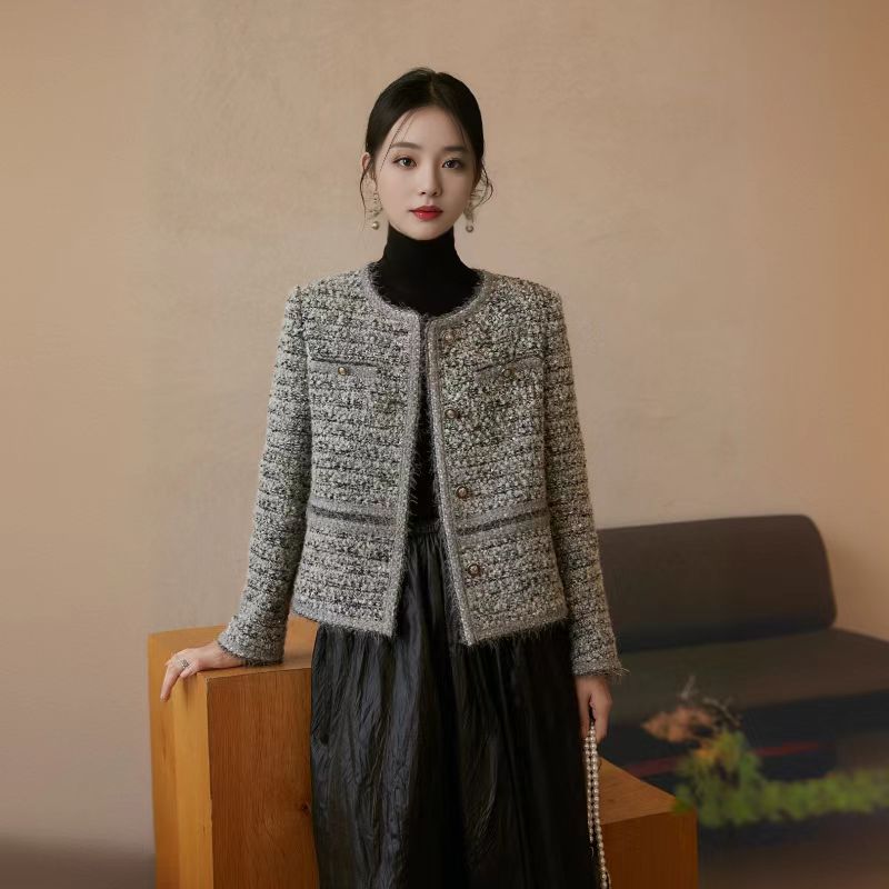 AA431--440复古粗花呢单排扣常规款编织显瘦女女装短外套休闲风