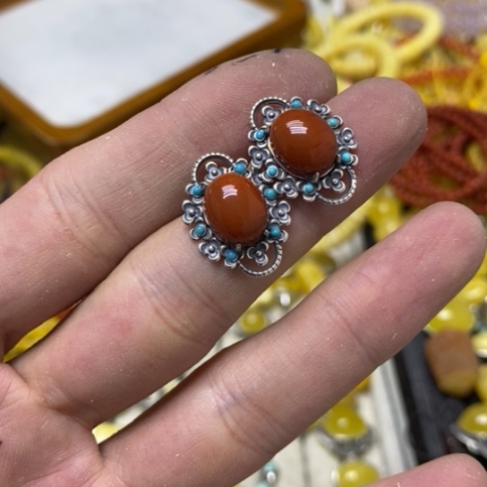 南红玛瑙戒指银S925镶嵌耳钉