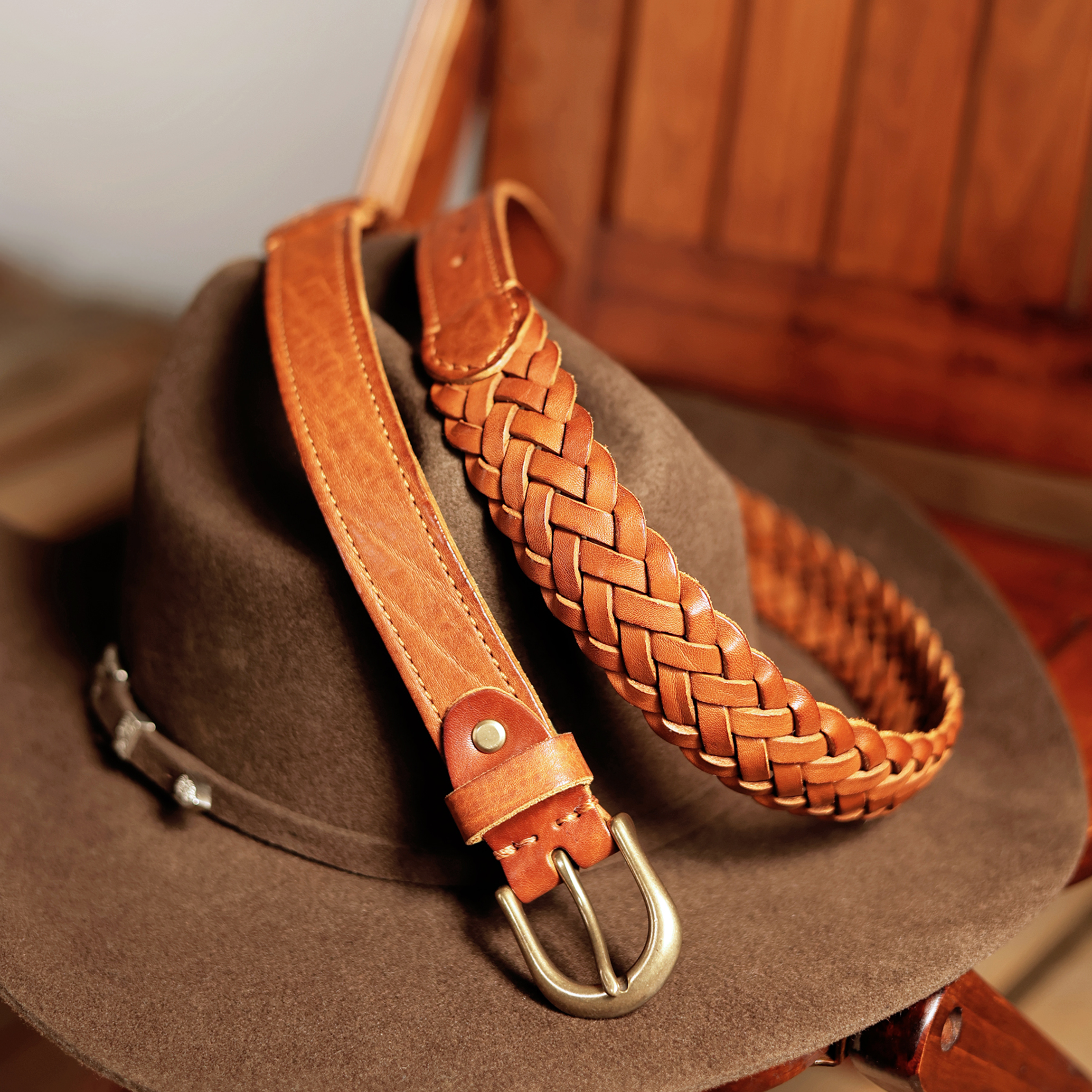 头层植鞣牛皮手工编织拼接皮带 美式复古阿美咔叽牛仔裤工装腰带