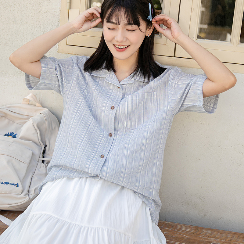 衬衫上衣衬衣夏季小众宽松条纹设计感纯棉休闲百搭薄款格子日系