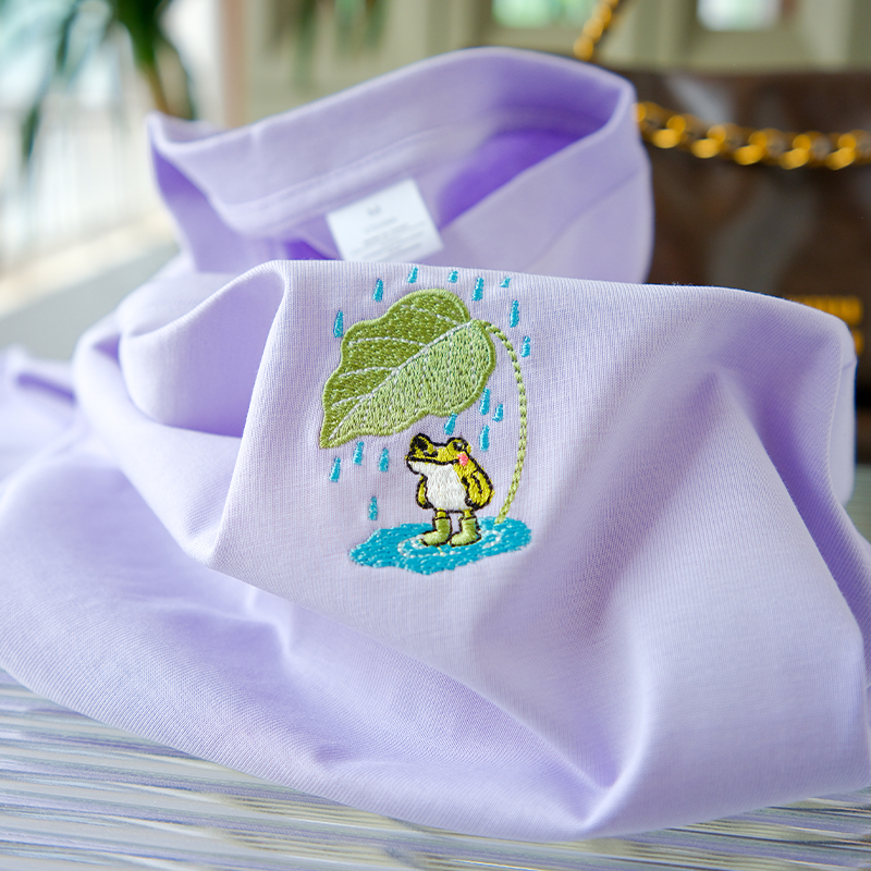 刺绣雨中蛙短袖t恤女100%纯棉半袖上衣情侣2025夏季新款男士体恤