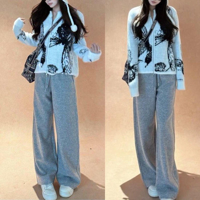 纯欲慵懒风套装女新款气质蝴蝶针织开衫漂亮毛衣百搭休闲裤两件套