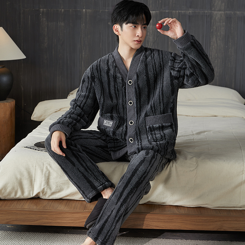 V领竖条睡衣男款冬季男士珊瑚绒加绒加厚法兰绒冬天家居服秋冬款