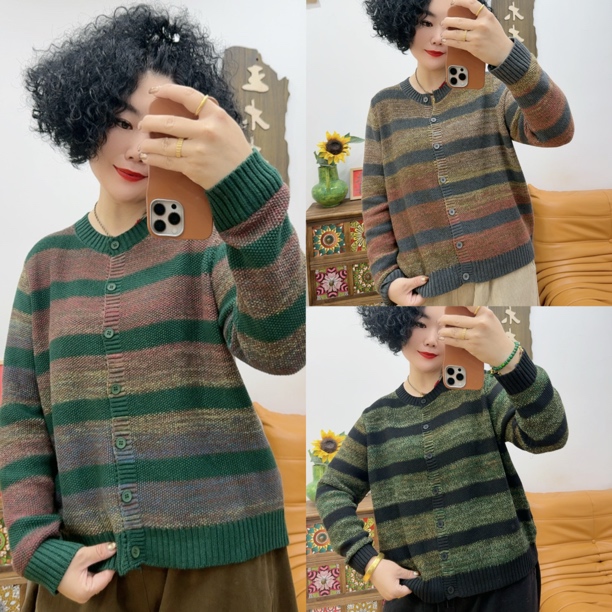 【木木新品】688196#撞色条纹针织开衫