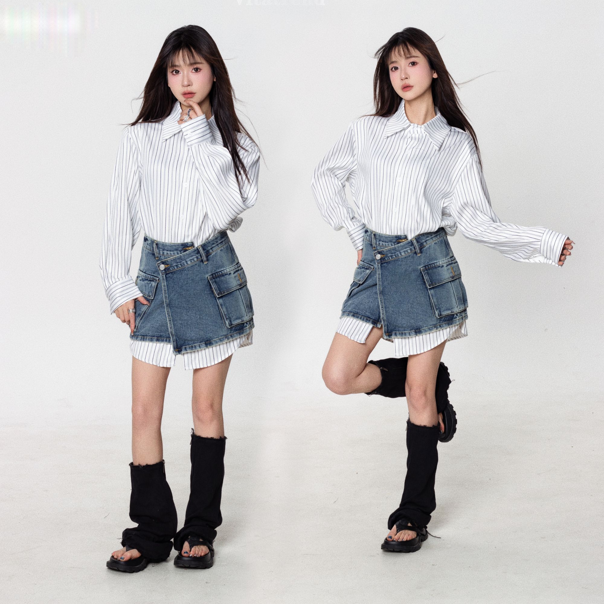 Vitatrend简约休闲条纹衬衫牛仔半裙两件套时尚长袖