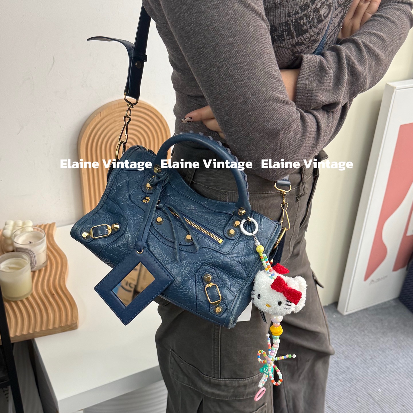 95新 Balenciaga/巴黎世家 蓝色金钉mini city机车包（24cm）/Y1051