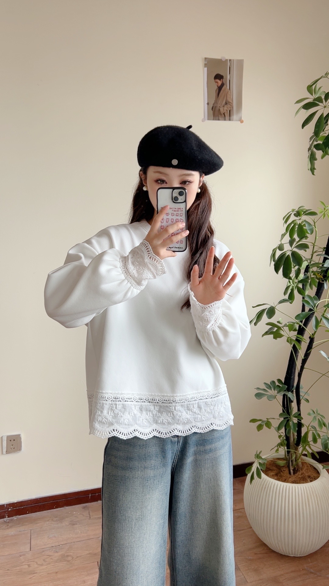 花边蕾丝拼接宽松白T打底加绒加厚中长款遮屁屁打底衫百搭