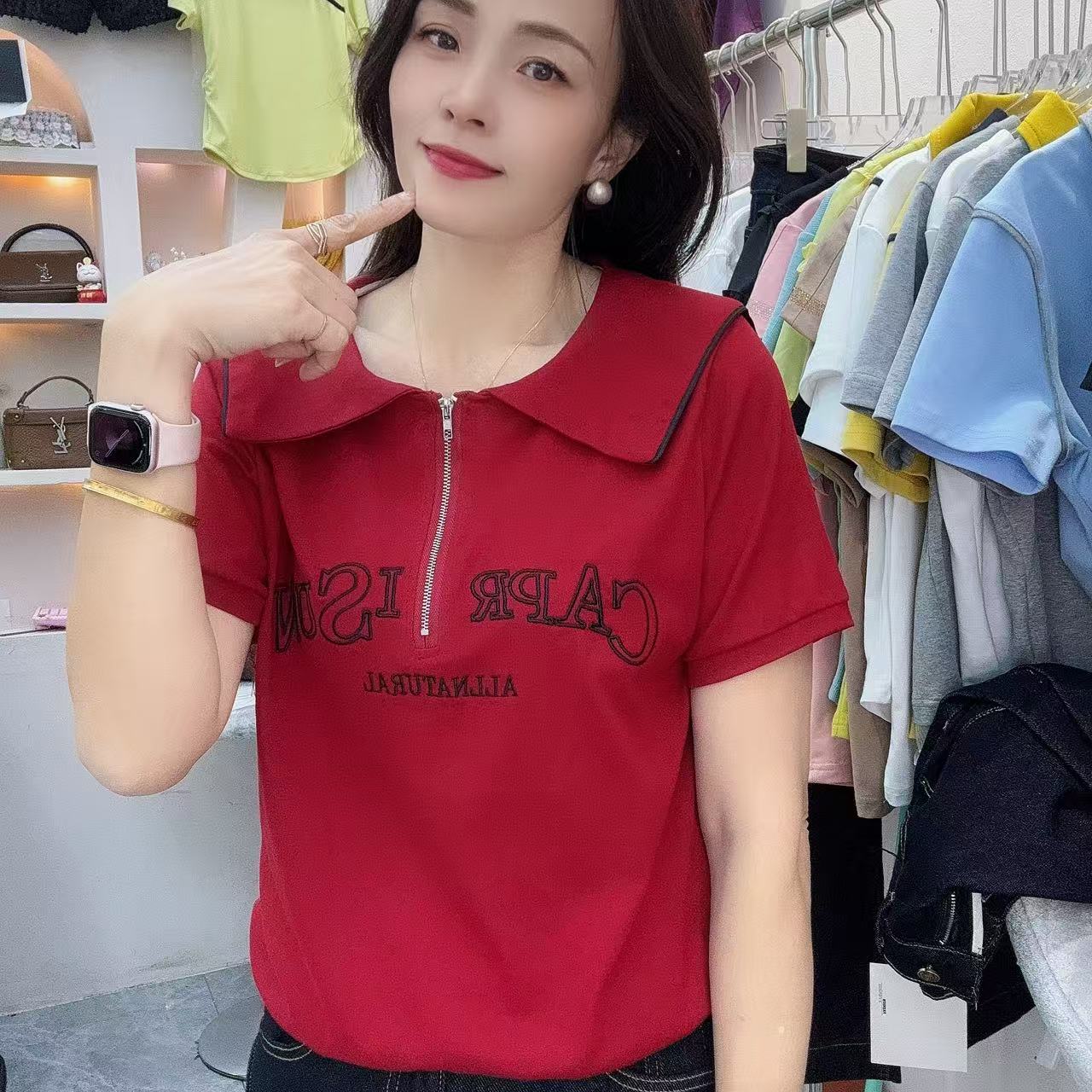 常规款短款女性标准圆领大码T恤透气短袖POLO领宽松型通勤风