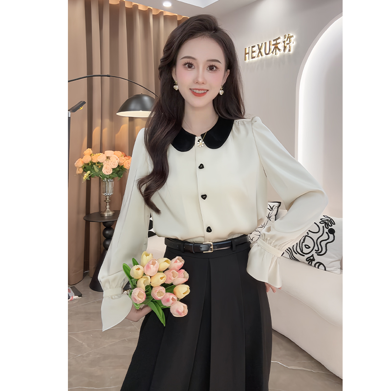 娃娃领单排扣长袖衬衫女2024秋时尚百搭显瘦上衣