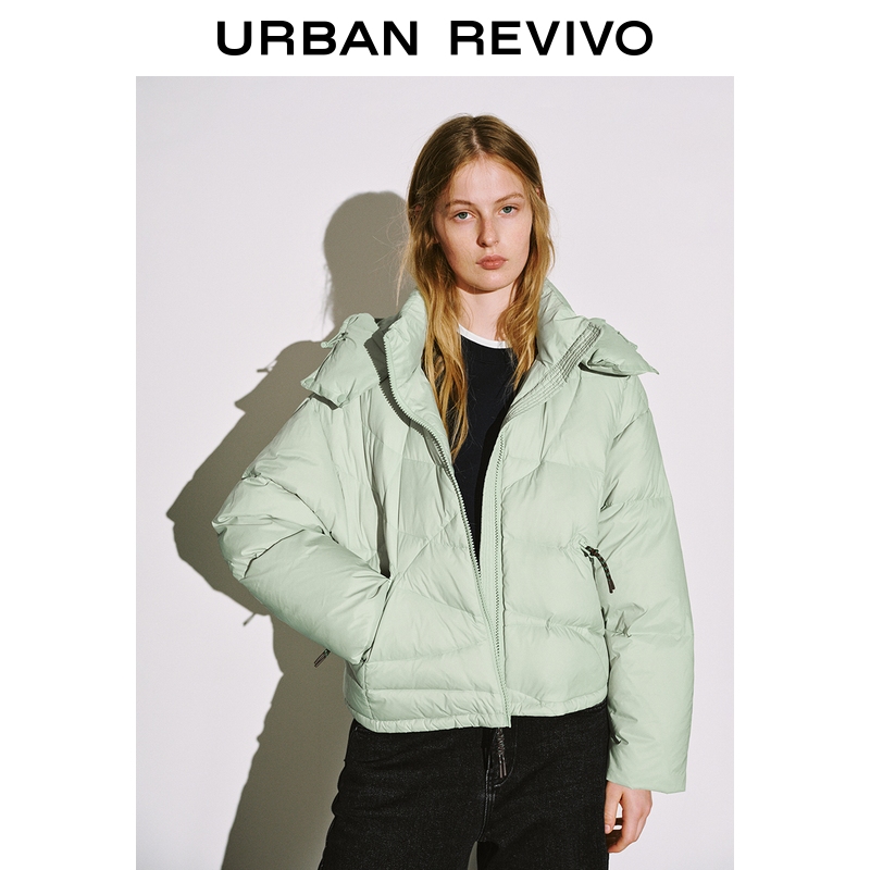 UR2025冬季新款女装休闲连帽撞色绳结拉链羽绒服UYL150098