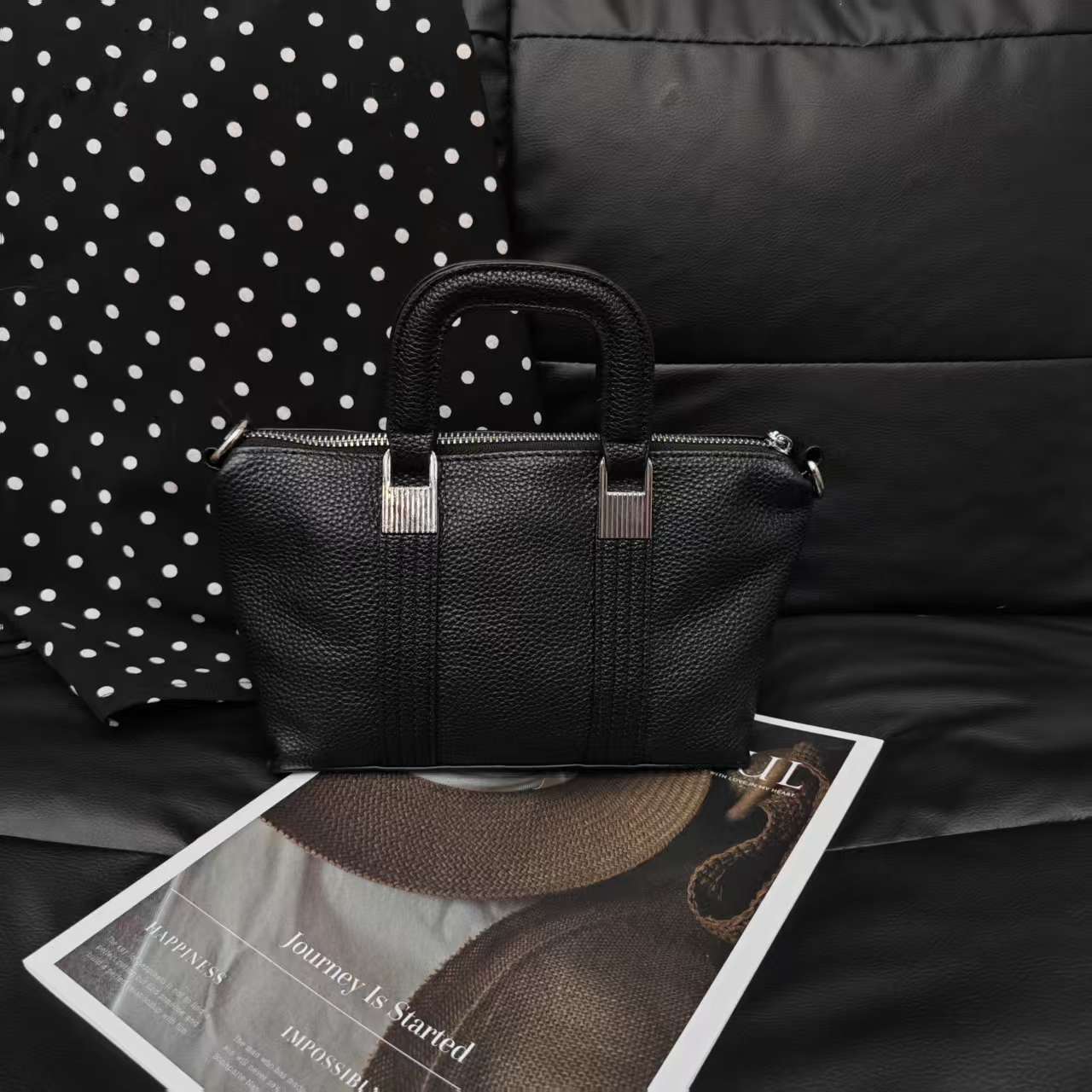 层牛皮简约风托特包商务街潮流简约波士顿包斜挎包真皮女士