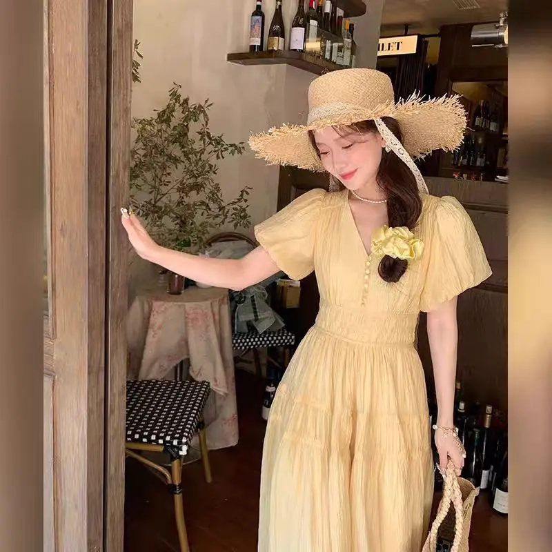 SS130-330斤大码女装法式复古温柔风显瘦遮肉v领仙女度假风裙子女