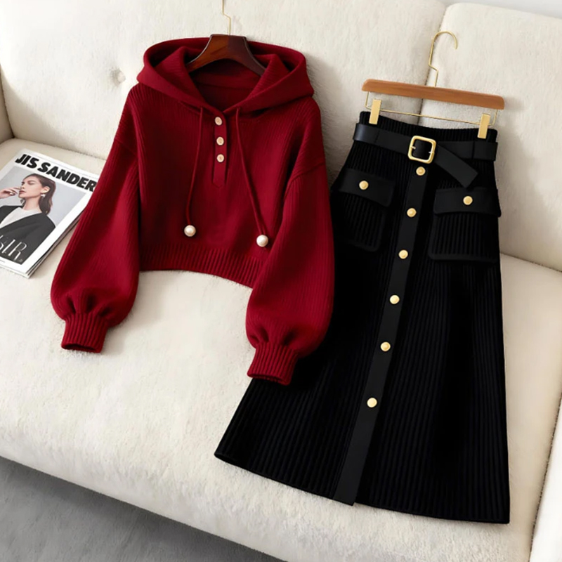 小众别致红色连帽抽绳纯色卫衣女款秋季黑色休闲百搭半身裙两件套