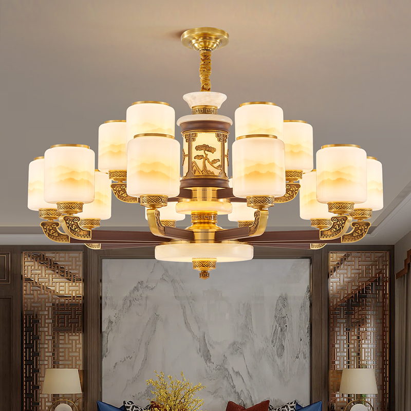 全铜实木新中式别墅客厅挑空大吊灯高端大气复式楼大厅餐厅玉石灯