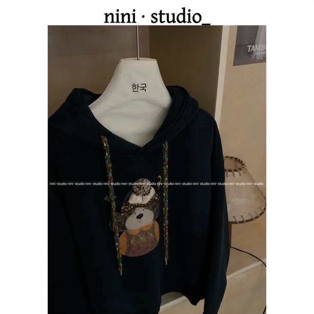 nini·韩系立体工艺小狗帽子趣味连帽宽松卫衣