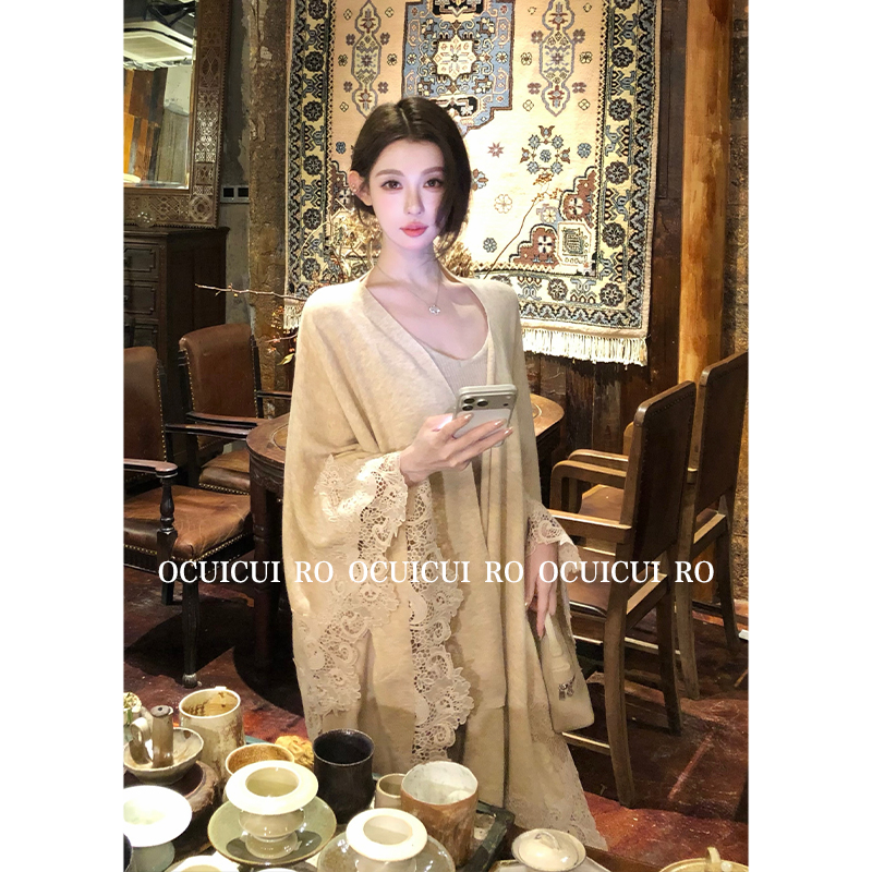 CUI CUI 崔崔【半卷清词】开衫百搭长袖温柔打底衫蕾丝羊毛套装