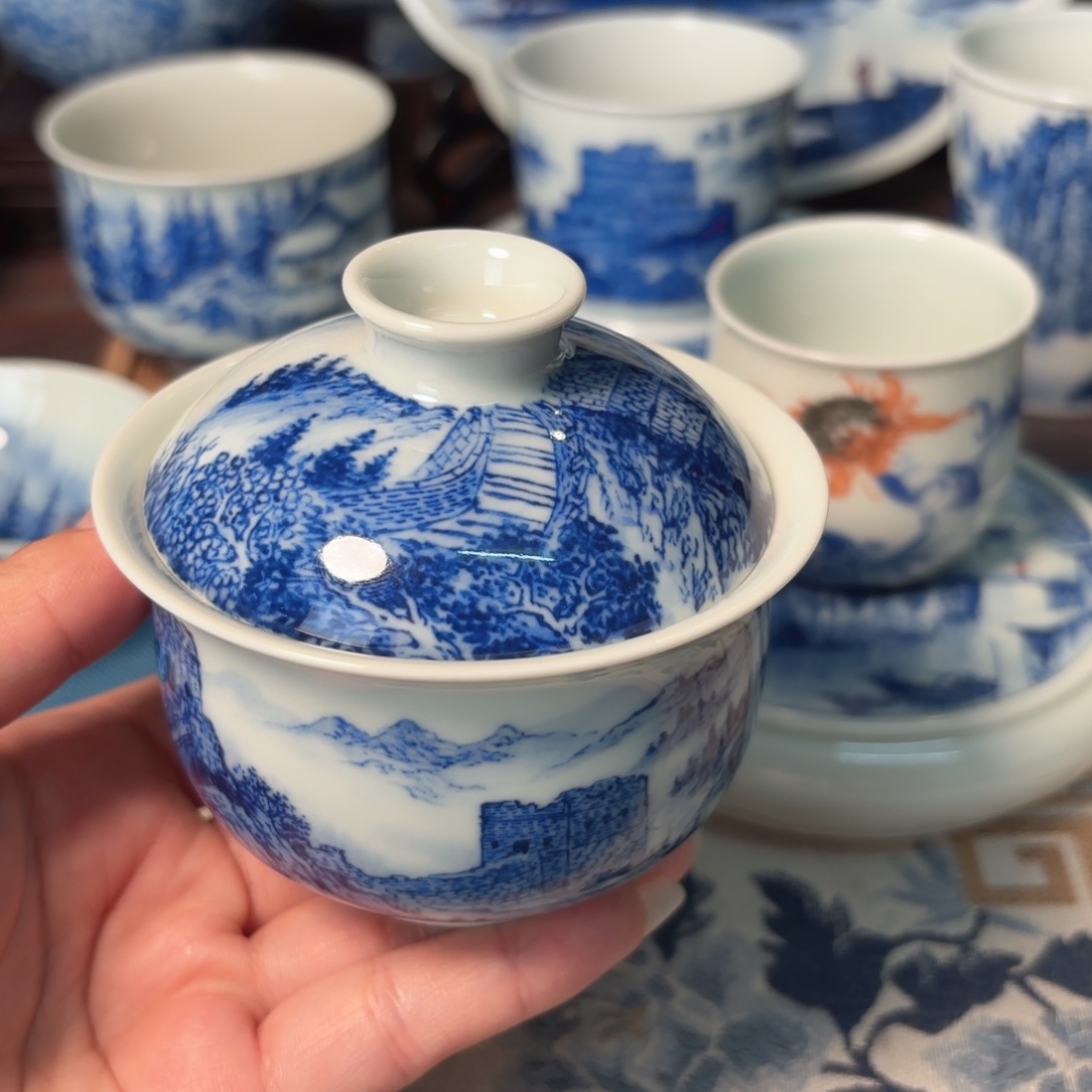 何***真陶柴窑青花瓷长城盖碗