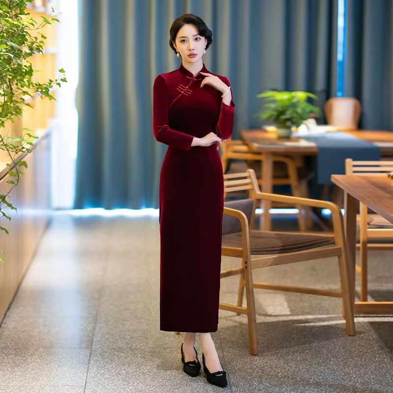2025新款中长旗袍连衣裙长袖女士纯色冬季旗袍女妈妈加厚旗袍女